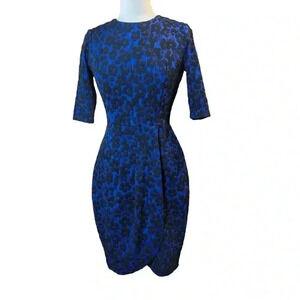 Metaphor sz 6 Black & Royal Blue Floral Midi Tulip Dress Back Zip Stretch